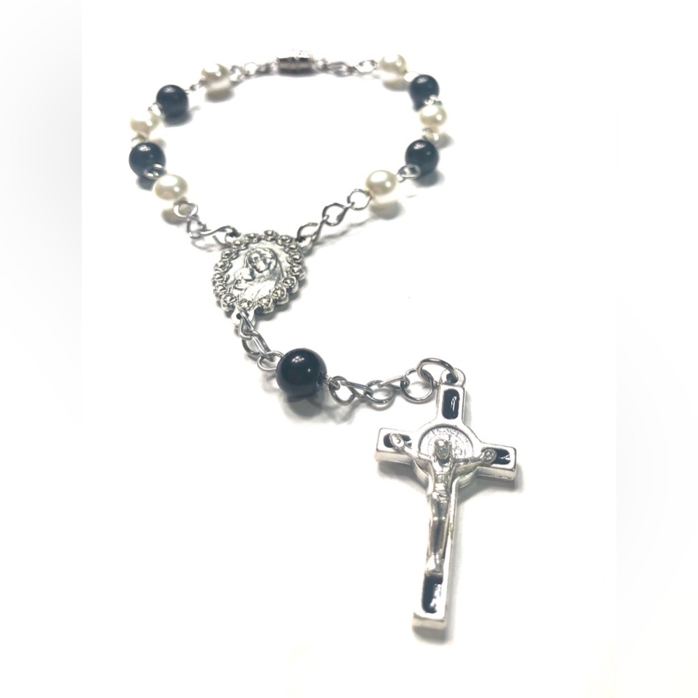 Black & Ivory Car Auto Rear View Mirror Rosary Catholic Confirmation Gift